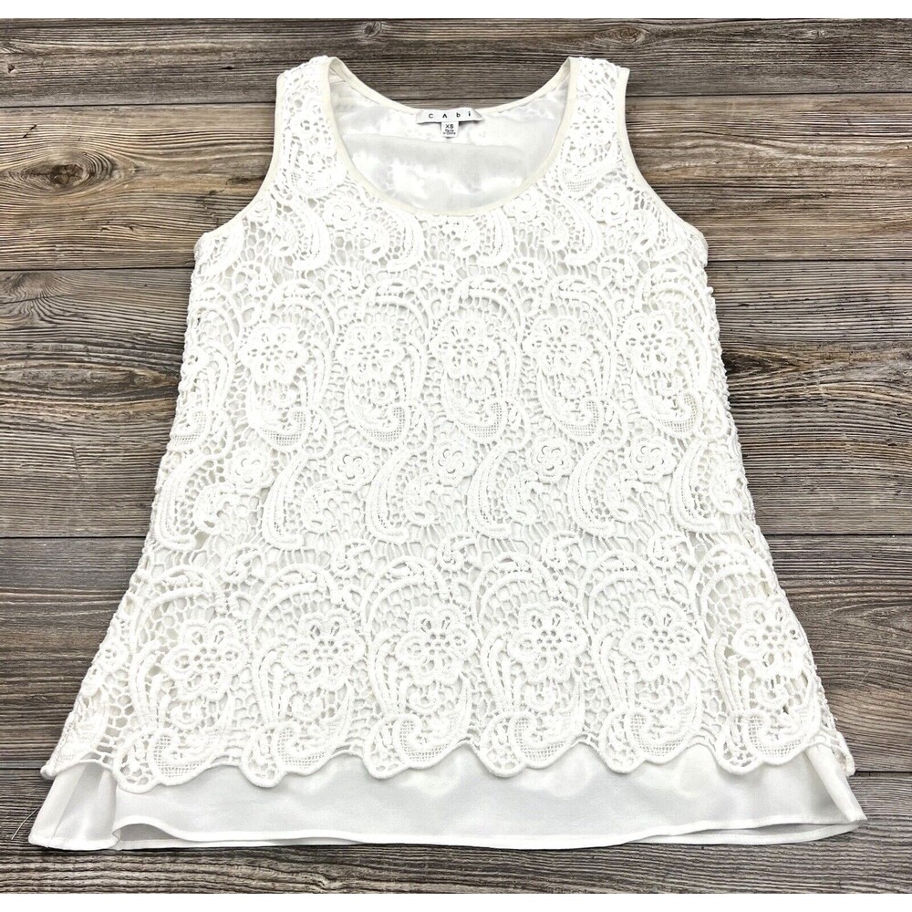 CAbi Bobbin Lace Crochet Sleeveless‎ Top White Floral Lined 100% Cotton XS